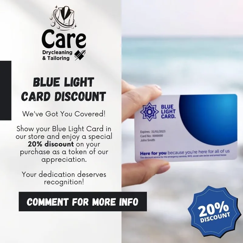 Care Drycleaning and Tailoring Blue Light Card 20 percent discount
